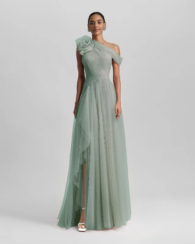 Fringe maxi dress-Mint Long Dress With Flower Design