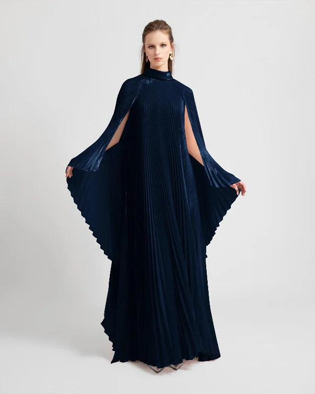 One-shoulder sundress-Navy Lame Organza Flared Kaftan