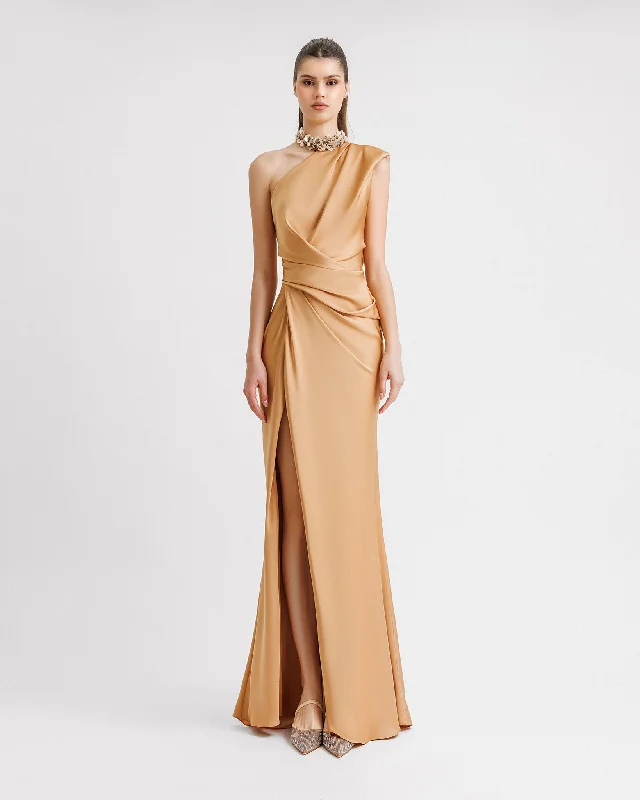 Halter neck cocktail dress-One-Shoulder Draped Dress