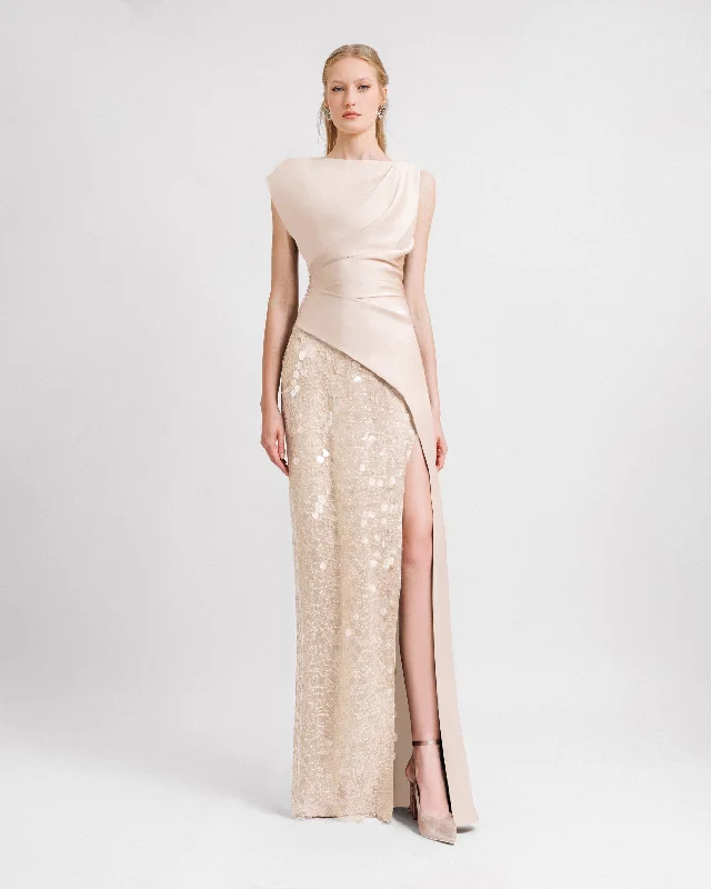 Smocked party dress-Asymmetrical Draped Champagne Satin dress