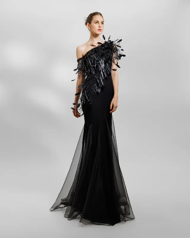 Floral prom dress-Asymmetrical Feather Neckline Dress