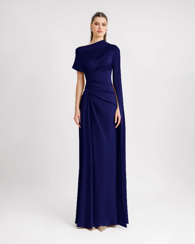 Glitter maxi dress-Asymmetrical Neckline Draped Navy Dress