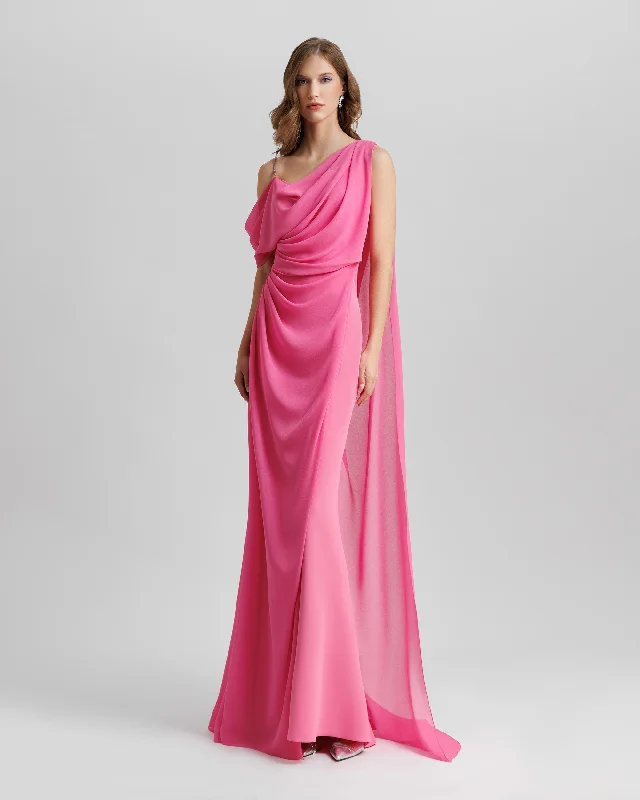 Smocked evening dress-Asymmetrical Neckline Candy Pink Dress