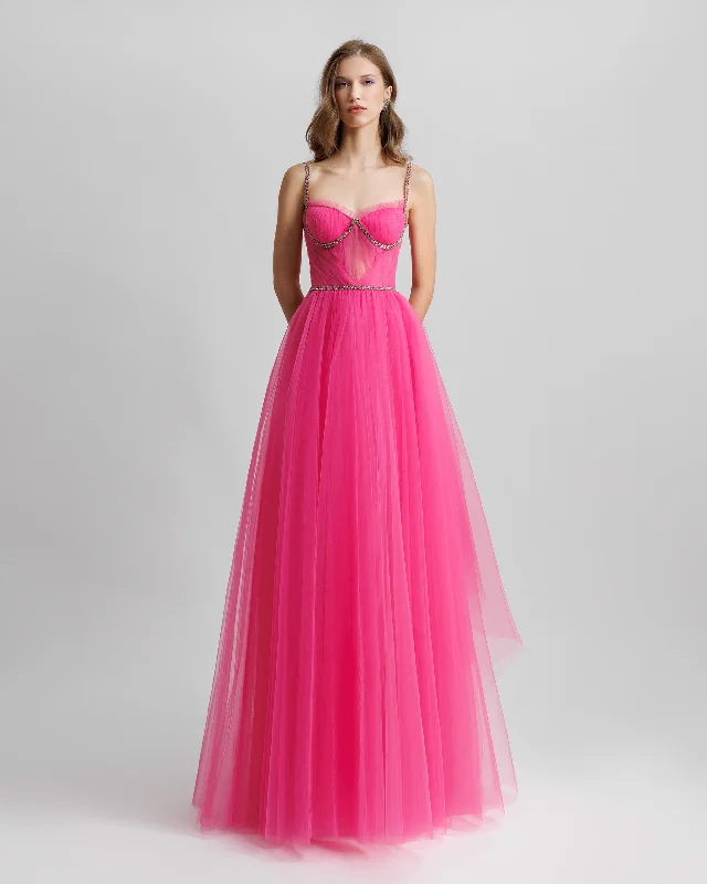 Lace prom dress-Corseted Tulle Candy Pink Dress