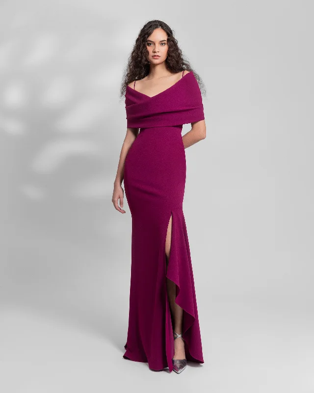 Halter neck maxi dress-Dark Fuchsia Draped Off-The-Shoulders Dress