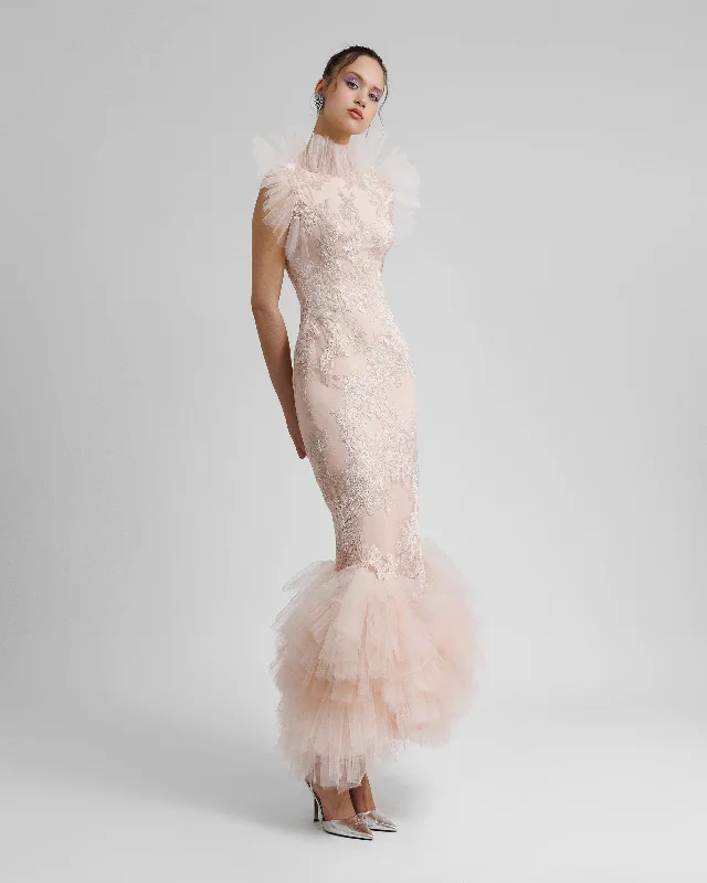 Off-shoulder evening dress-Embellished Dress With Rushed Tulle