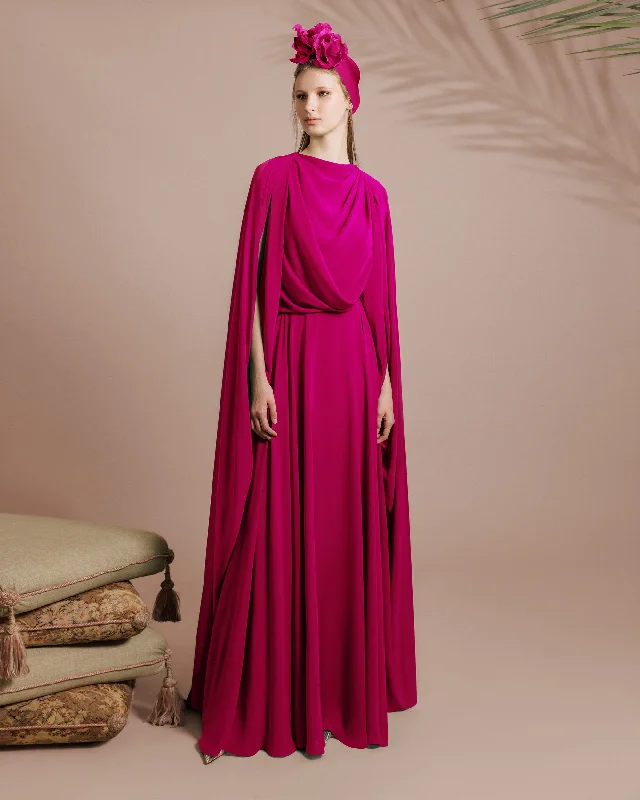 Halter neck party dress-Fuchsia Draped Chiffon Kaftan