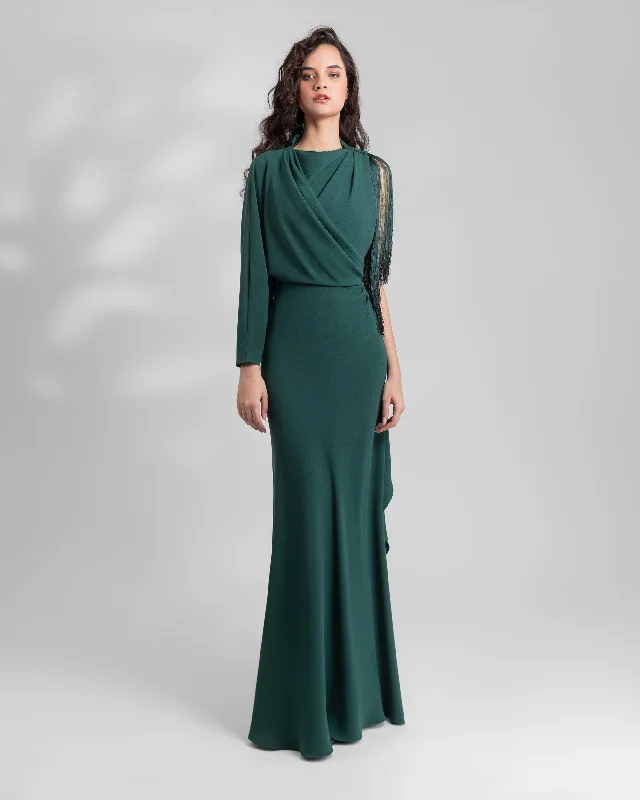 Polka dot wrap dress-Emerald Green Long Crepe Dress with Draping's