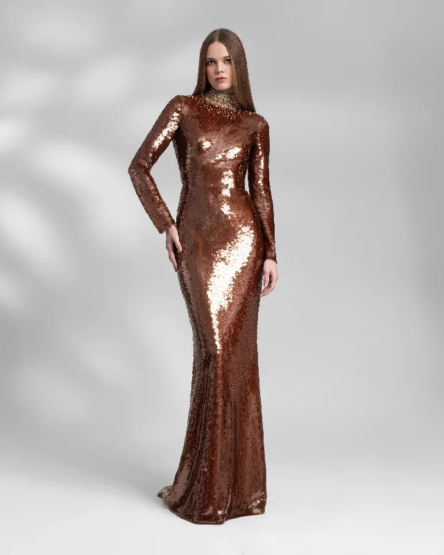 Corset prom dress-Long Fitted Sequins Coffee Dress