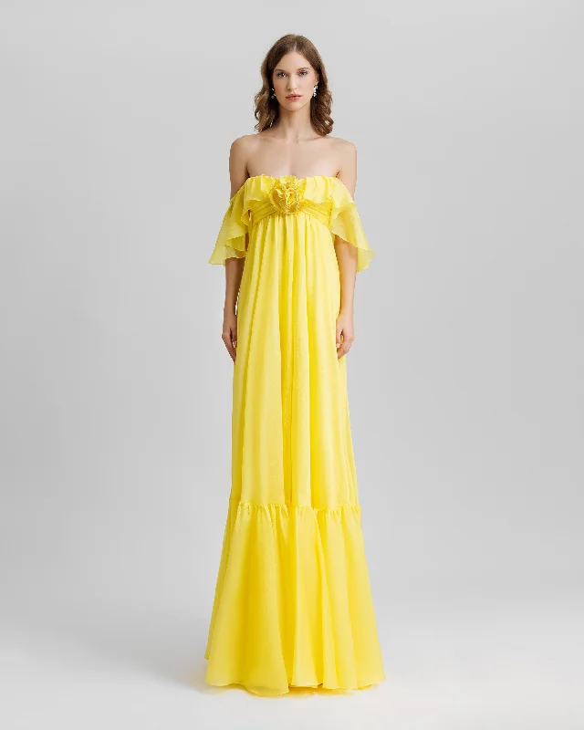 One-shoulder cocktail dress-Yellow Off-The-Shoulders Flowy Dress