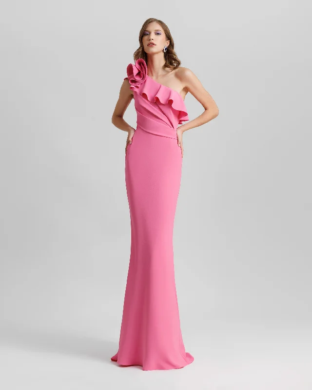 Off-shoulder midi dress-One-Shoulder Ruffled Neckline Candy Pink Dress