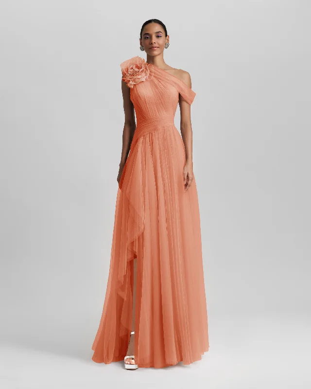 Velvet midi dress-Peach Long Dress With Flower Design