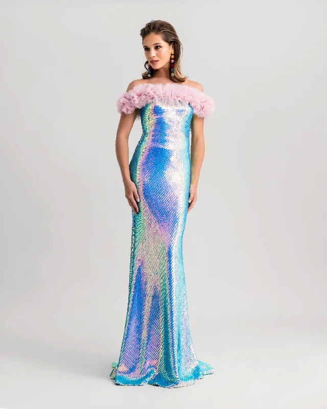 Halter neck evening dress-Sequins Long Dress With Rushed Tulle