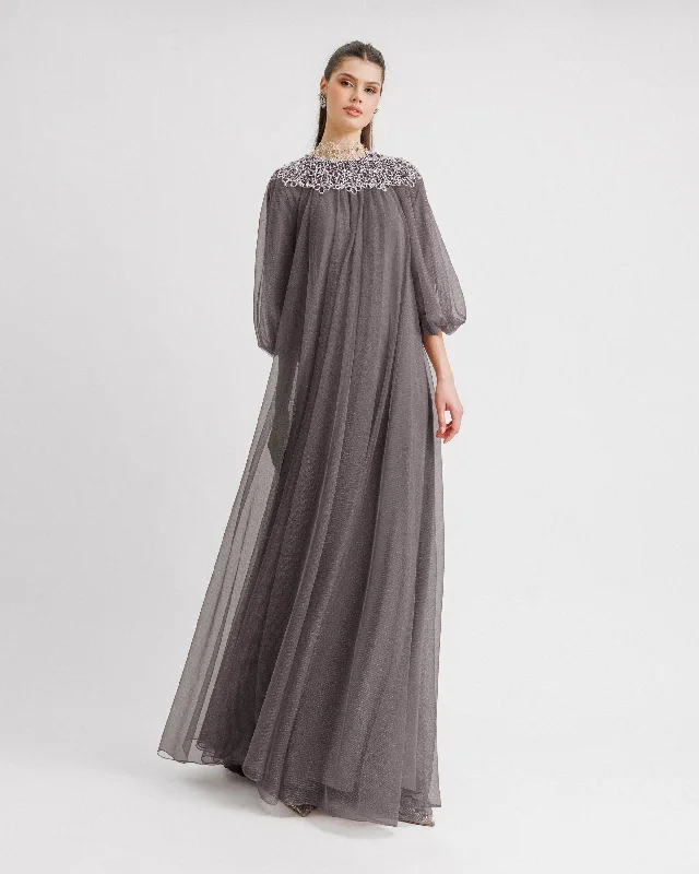 Embroidered tulle dress-Loose-Cut Grey Kaftan