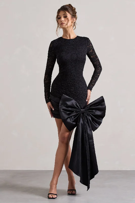 Fringe prom dress-Evry | Black Lace Long-Sleeve Mini Dress With Oversized Satin Bow