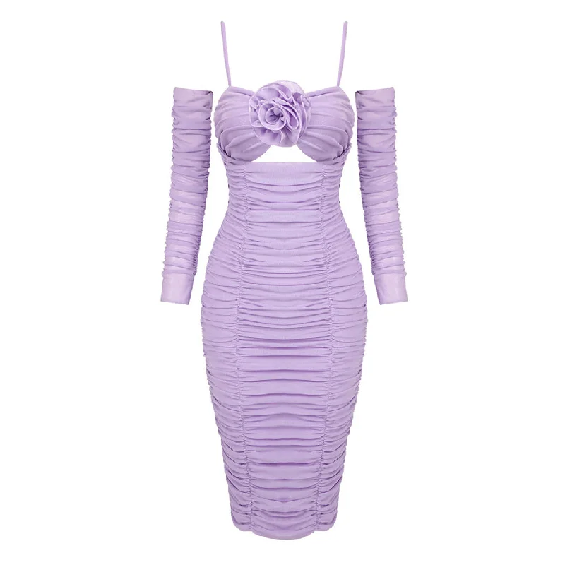 Pleated sundress-Feminine Spaghetti Strap Cutout Ruched Mesh Bodycon Rosette Midi Dress