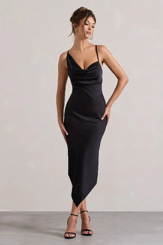 Short sleeve cocktail dress-Fillie | Black Satin Asymmetric Cowl-Neck Midi Dress