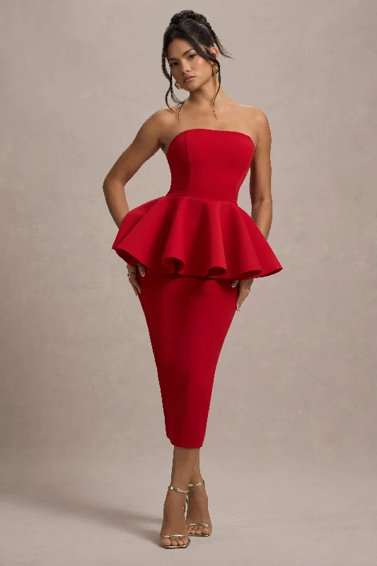 Long sleeve cocktail dress-First Dance | Red Bandeau Peplum Midi Dress