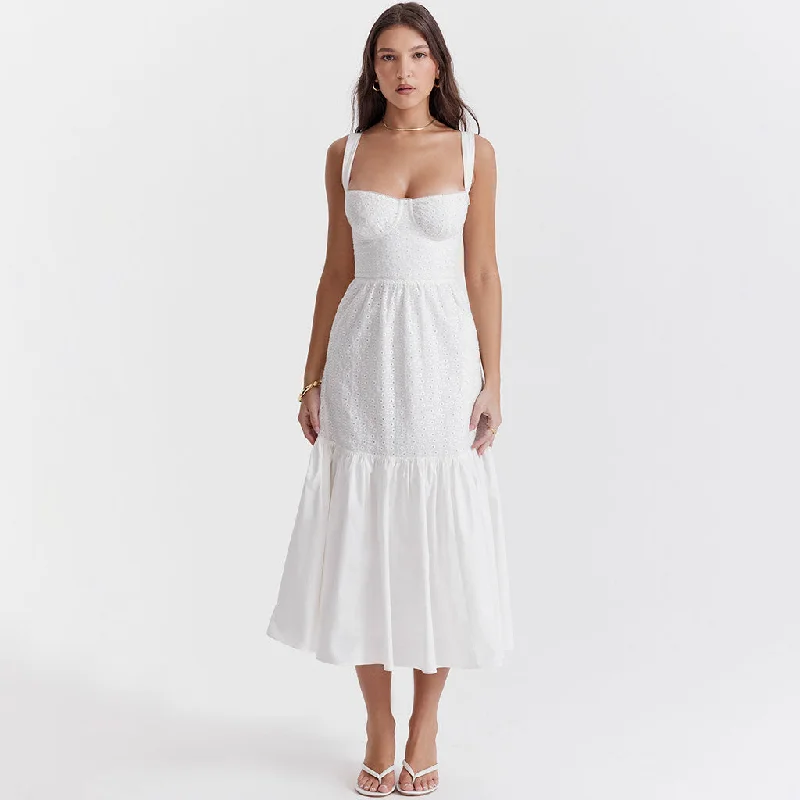 Velvet evening dress-Floaty Sweetheart Neck Pocket Side Fit & Flare Broderie Anglaise Midi Sundress