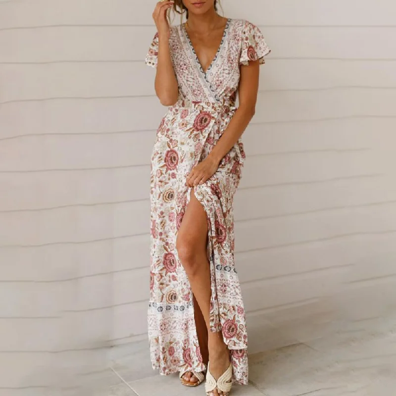 Lace prom dress-BerriesJam - Floral Boho Vintage Casual Vacation Long Dress