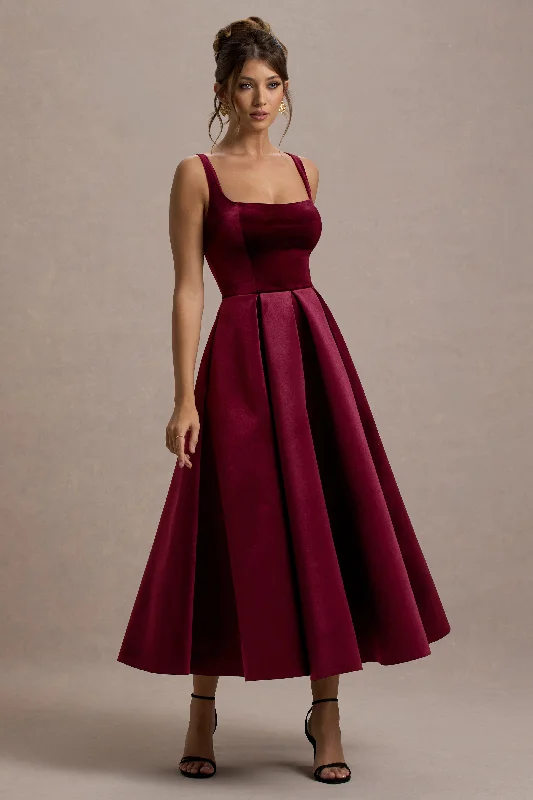 Pleated midi dress-Francisca | Berry Velvet Strappy Volume-Hem Maxi Dress