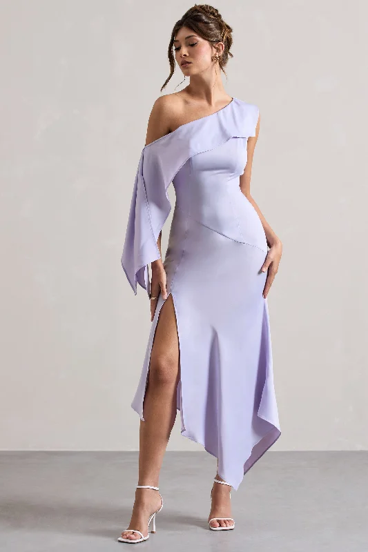 Corset midi dress-Freesia | Lilac Satin Asymmetric Draped Split Maxi Dress