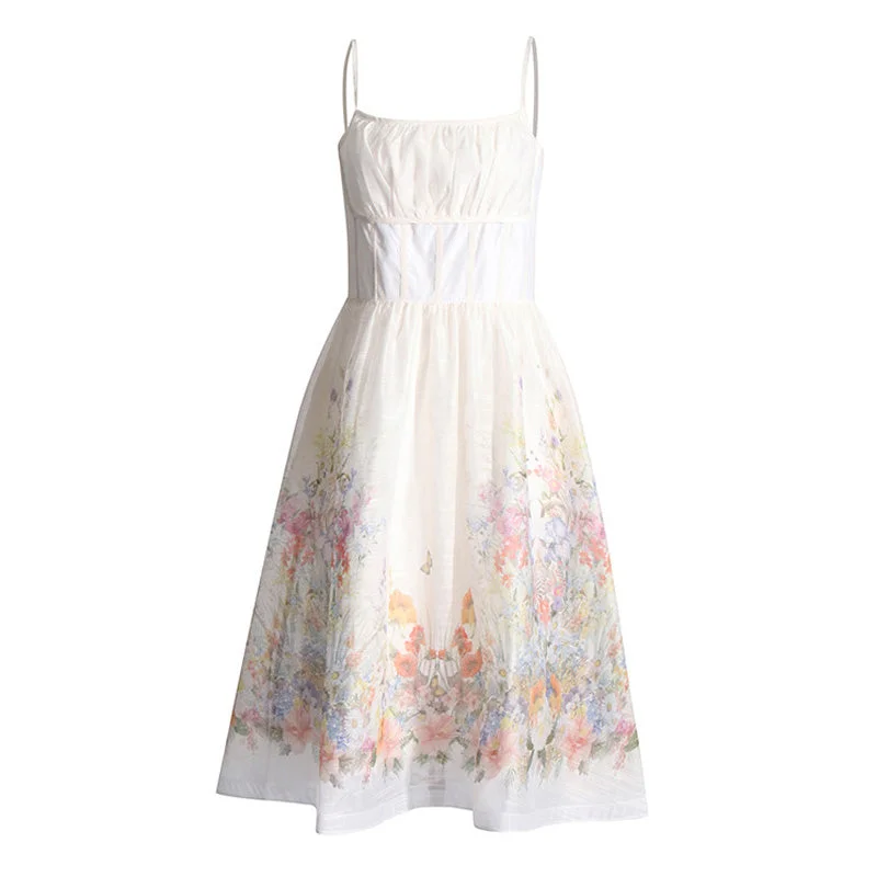 Short sleeve party dress-French Style Square Neck Smocked Corset Floral Printed Midi Sundress