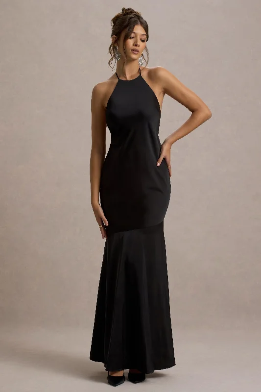 Ruffled evening dress-Frida | Black Satin Halter-Neck Backless Maxi Dress