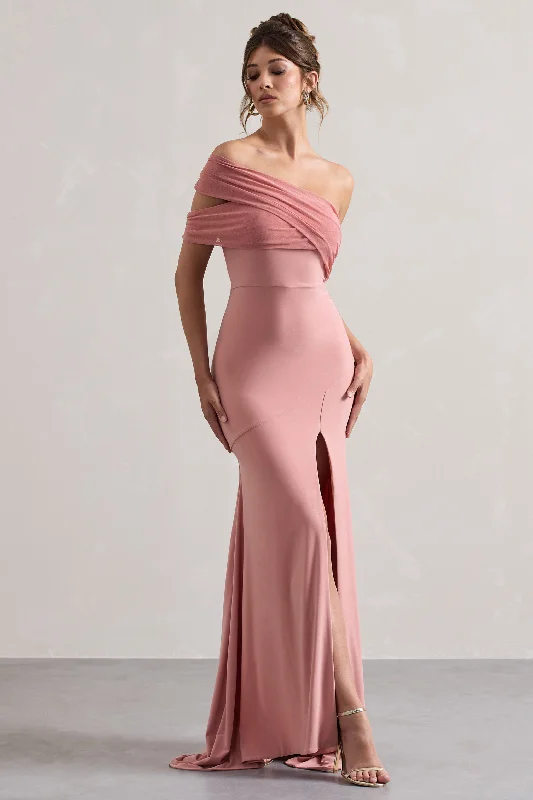 Backless formal dress-Fused | Blush Asymmetric Bardot Split Maxi Dress