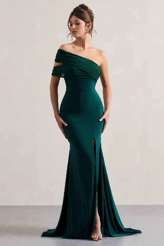 Halter neck midi dress-Fused | Bottle Green Asymmetric Bardot Split Maxi Dress