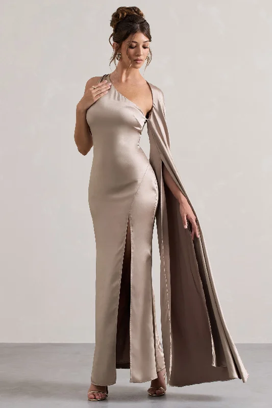 Short sleeve wrap dress-Gala | Taupe Satin One-Shoulder Cape Sleeve Split Maxi Dress