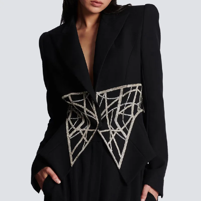 Cold shoulder dress-Glittered Crystal Corset Trim Peak Lapel Long Sleeve One Button Tailored Blazer