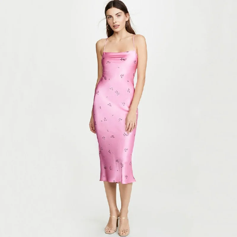 Floral prom dress-Glossy Ditsy Floral Print Backless Satin Slip Midi Dress - Pink