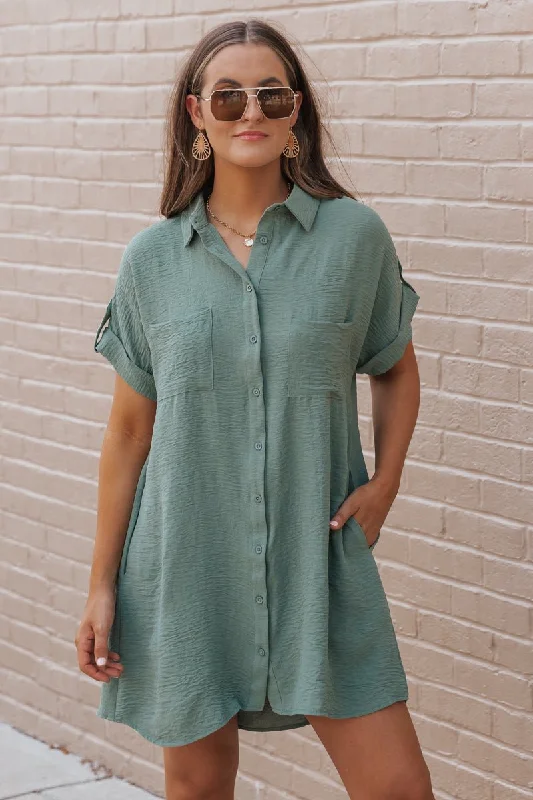 Off-shoulder party dress-Green Button Up Shirt Dress - DOORBUSTER