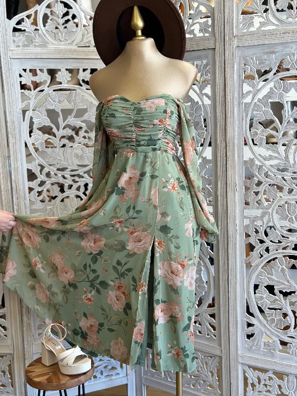 Striped sundress-Green Floral Off Shoulder Midi Dress- Slightly Stretchy