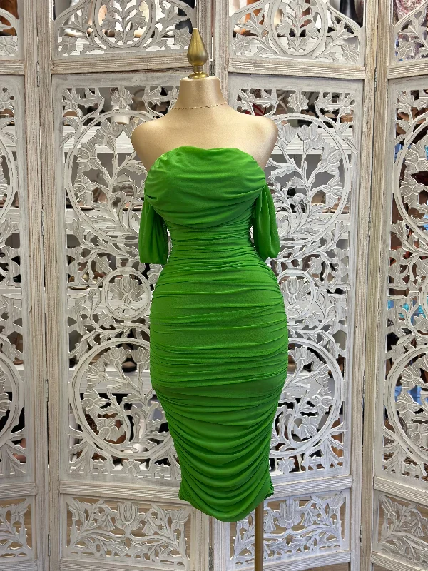 Tiered cocktail dress-Green Midi Off Shoulder Ruched Dress- Stretchy