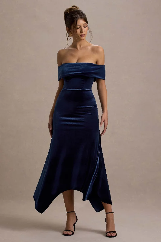 Beige shift dress-Halia | Navy Velvet Bardot Maxi Dress