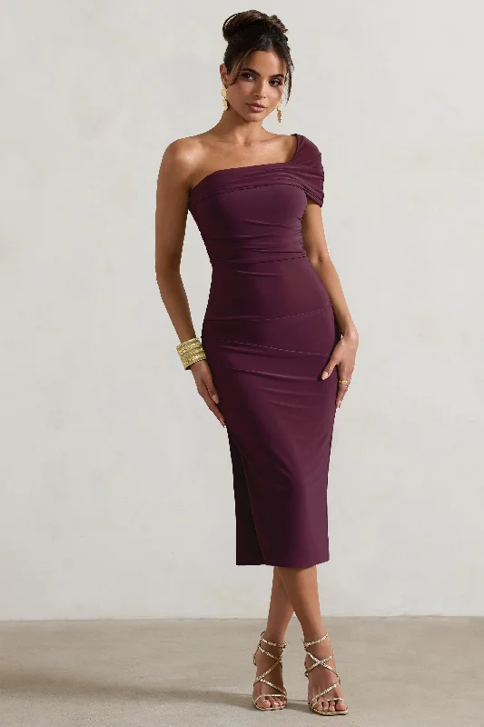 Fringe evening dress-Hawaii | Plum Asymmetric One-Shoulder Split Midi Dress