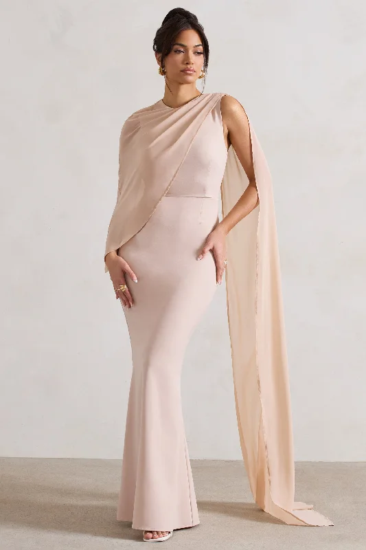 Floral prom dress-Haze | Champagne High-Neck Maxi Dress With Chiffon Cape