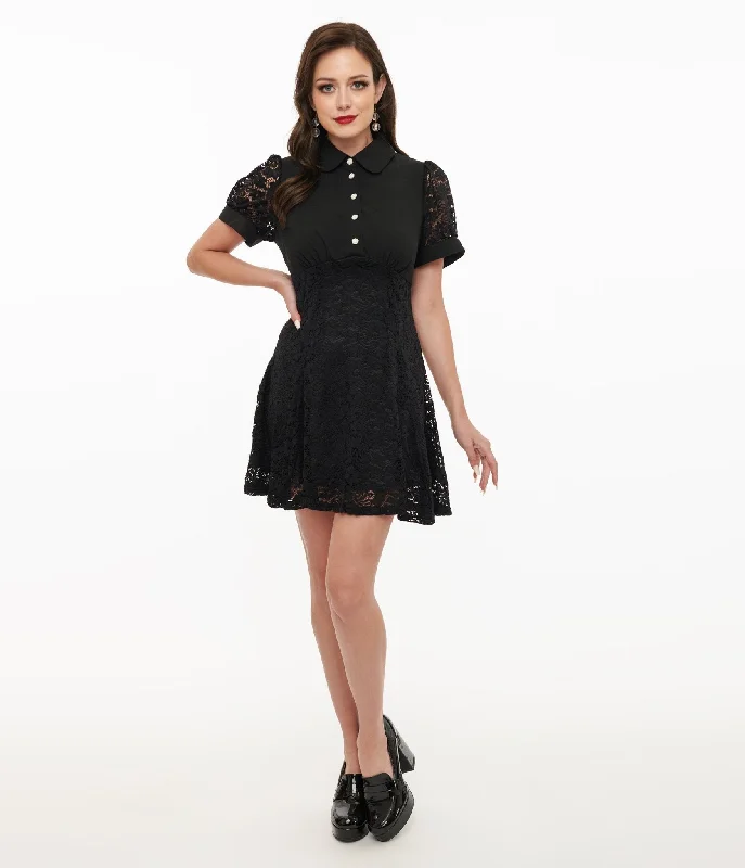 One-shoulder evening dress-Hell Bunny 1950s Black Lace Dominica Mini Dress