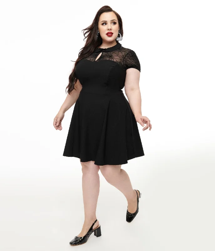 Satin evening dress-Hell Bunny Plus Size 1950s Black Spiderweb Viola Mini Dress