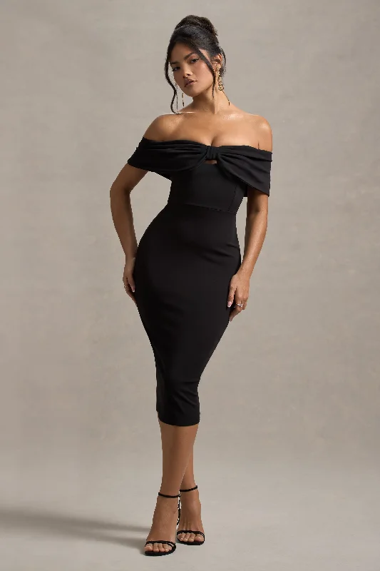 Off-shoulder midi dress-Hope | Black Bow Bardot Midi Dress