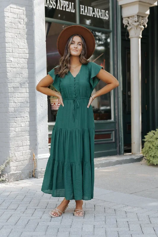 Satin sundress-Hunter Green Lace Tiered Maxi Dress - FINAL SALE