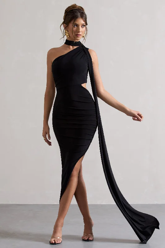 Short sleeve prom dress-Icon | Black One Shoulder Cut-Out Maxi Dress With Scarf