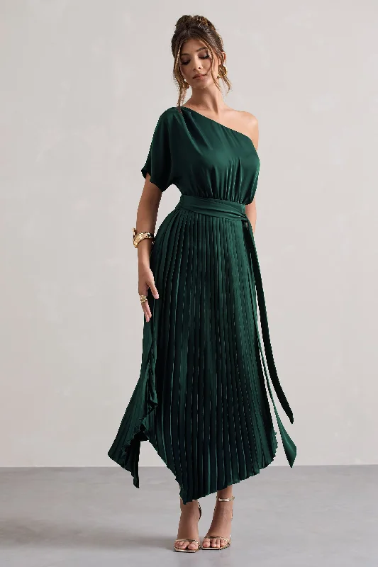 Tiered cocktail dress-India | Bottle Green Satin Asymmetric Plisse Maxi Dress