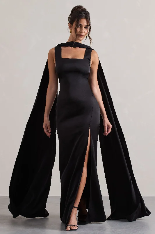 Glitter prom dress-Intuition | Black Satin Square-Neck Split Maxi Dress With Scarf