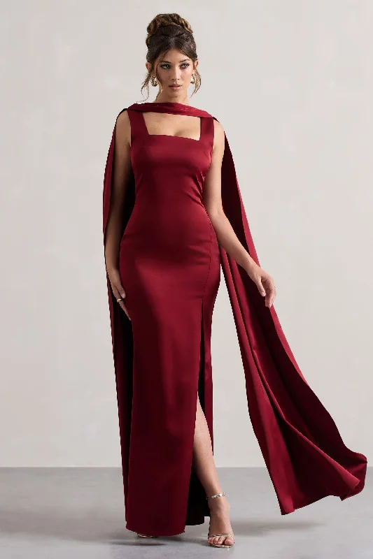 Fringe maxi dress-Intuition | Burgundy Satin Square-Neck Split Maxi Dress With Scarf