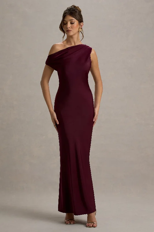 Off-shoulder prom dress-Isolde | Burgundy Satin One-Shoulder Maxi Dress