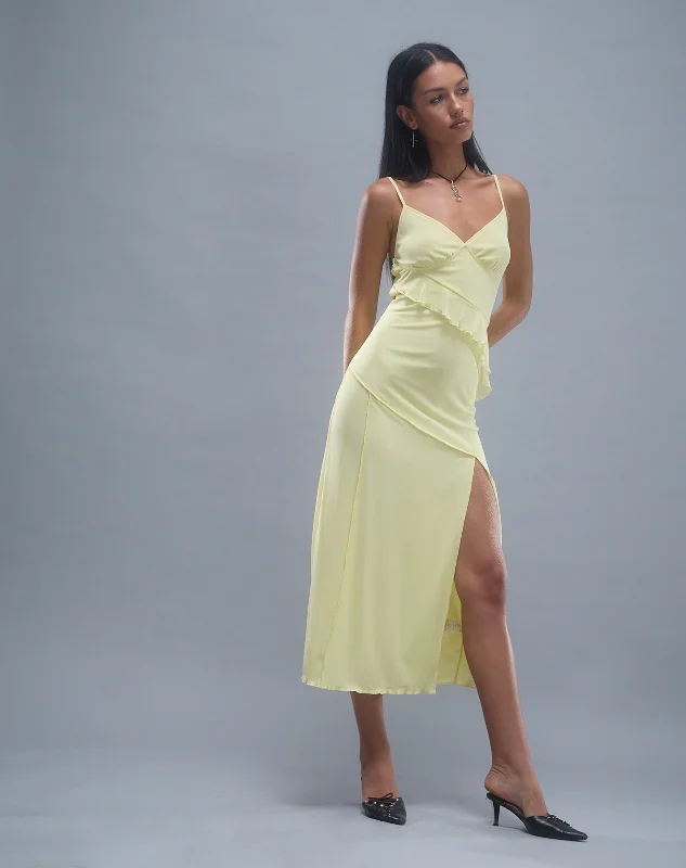 Long flared dress-Jacy Ruffle Midi Dress in Mesh Lemon