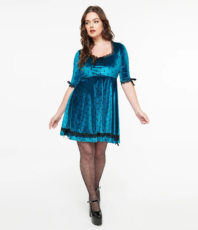 Off-shoulder party dress-Jawbreaker Teal & Black Teardrop Velvet Mini Dress